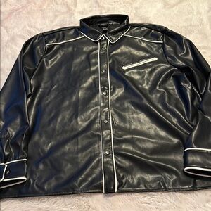 Mens XXL Black & White Faux Leather Snap Button Western Shacket